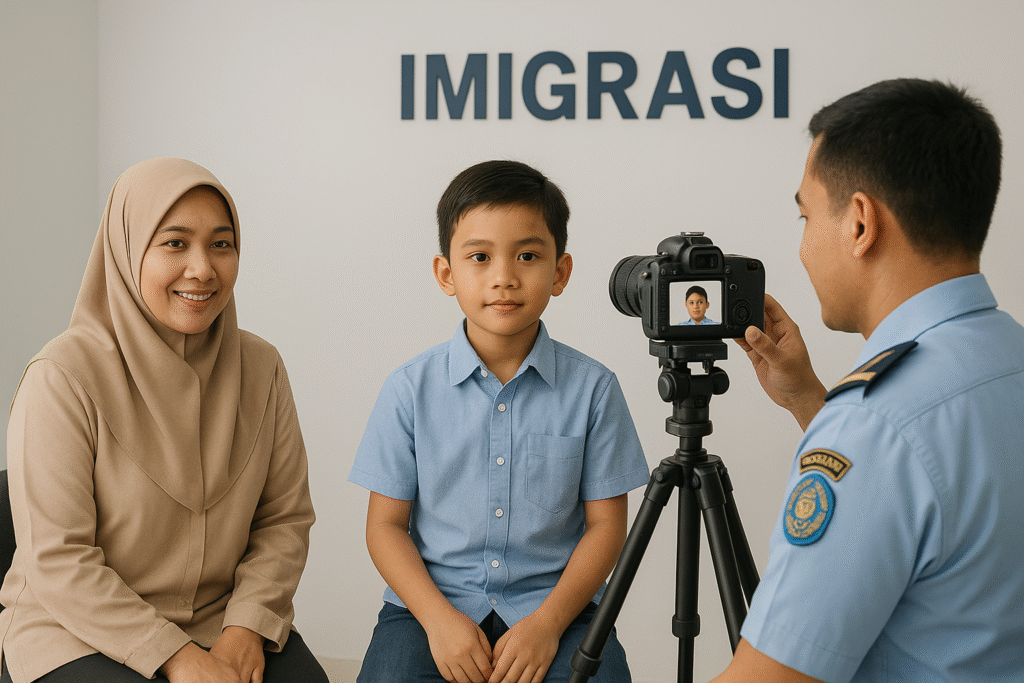 Ilustrasi orang tua mendampingi anak saat proses pembuatan paspor di kantor imigrasi Indonesia.