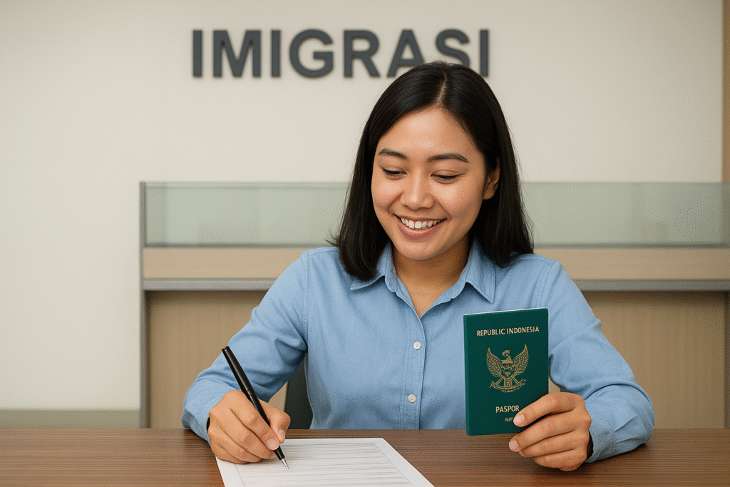 Perempuan Indonesia sedang mengurus paspor di kantor imigrasi, memegang paspor hijau Republik Indonesia dan mengisi formulir, layanan jasa paspor Jakarta cepat dan terpercaya.