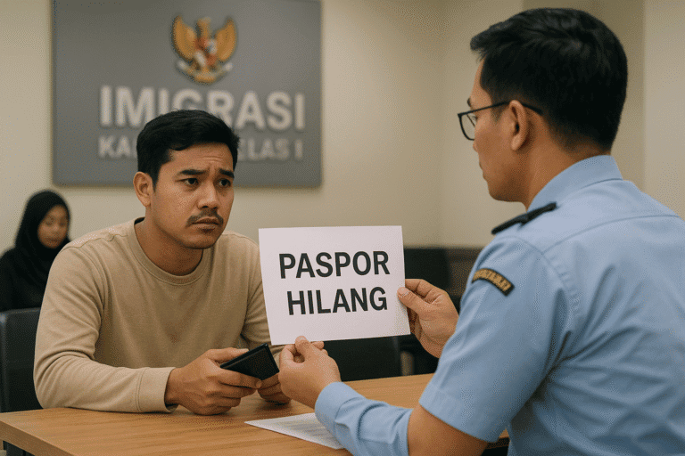 Ilustrasi petugas imigrasi membantu warga dalam cara mengurus paspor hilang di Jakarta