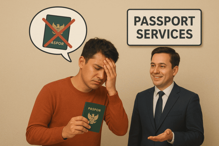 Ilustrasi jasa pengurusan paspor hilang di Jakarta – seorang warga berhasil mendapatkan paspor baru di kantor Imigrasi.