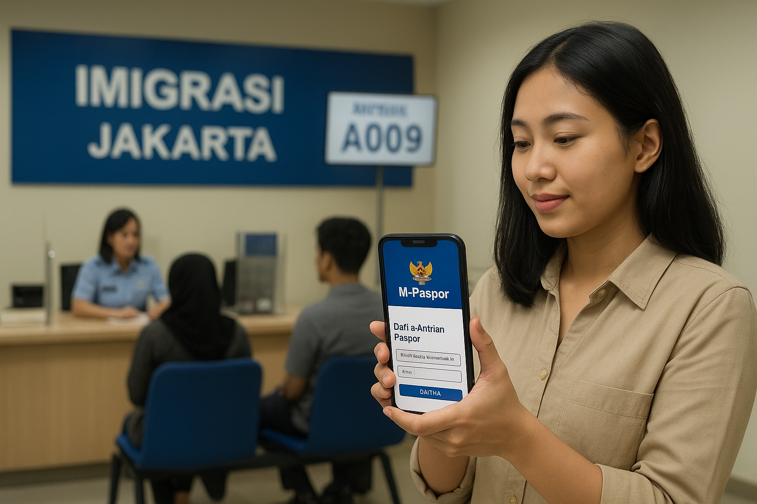Warga Indonesia sedang melakukan pendaftaran dan verifikasi dokumen paspor di kantor imigrasi sebagai bagian dari proses antrian paspor online Jakarta.