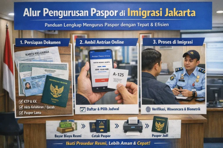 Alur pengurusan paspor di Imigrasi Jakarta mulai dari persiapan dokumen, pengambilan antrian online, wawancara petugas, hingga paspor diterbitkan.