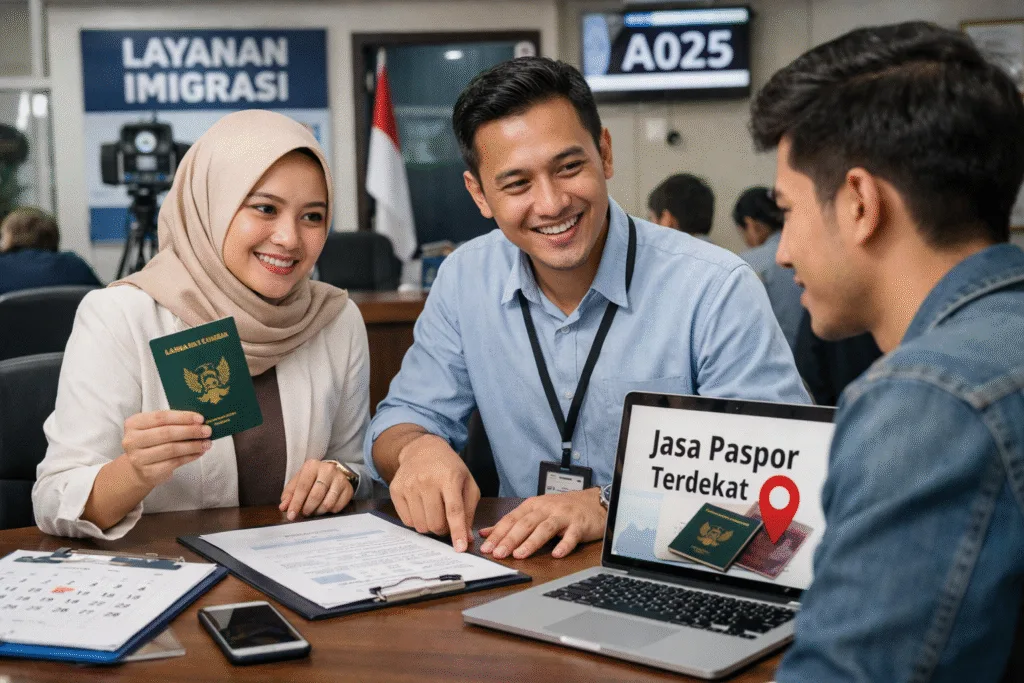 Cara menemukan jasa paspor terdekat yang aman dan resmi, ditunjukkan melalui pendampingan pengurusan paspor oleh petugas profesional di kantor imigrasi