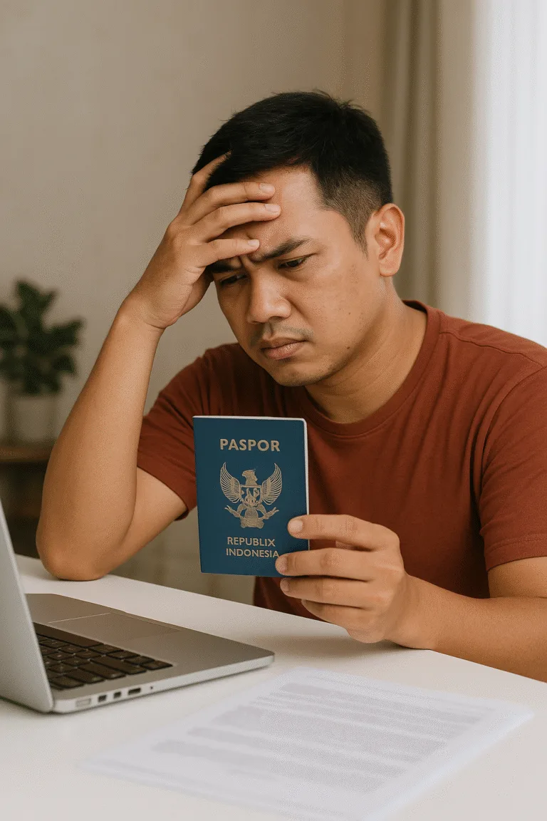 Pengajuan paspor sering ditolak – warga Indonesia terlihat bingung memegang paspor saat mengurus dokumen paspor