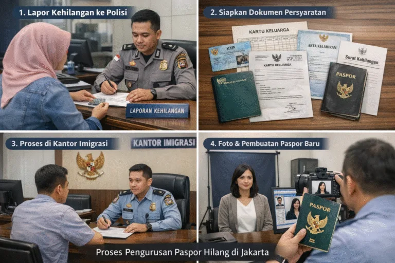 lustrasi proses pengurusan paspor hilang di Jakarta mulai dari laporan kehilangan di kepolisian, persiapan dokumen, pemeriksaan di kantor Imigrasi, hingga pembuatan paspor baru.