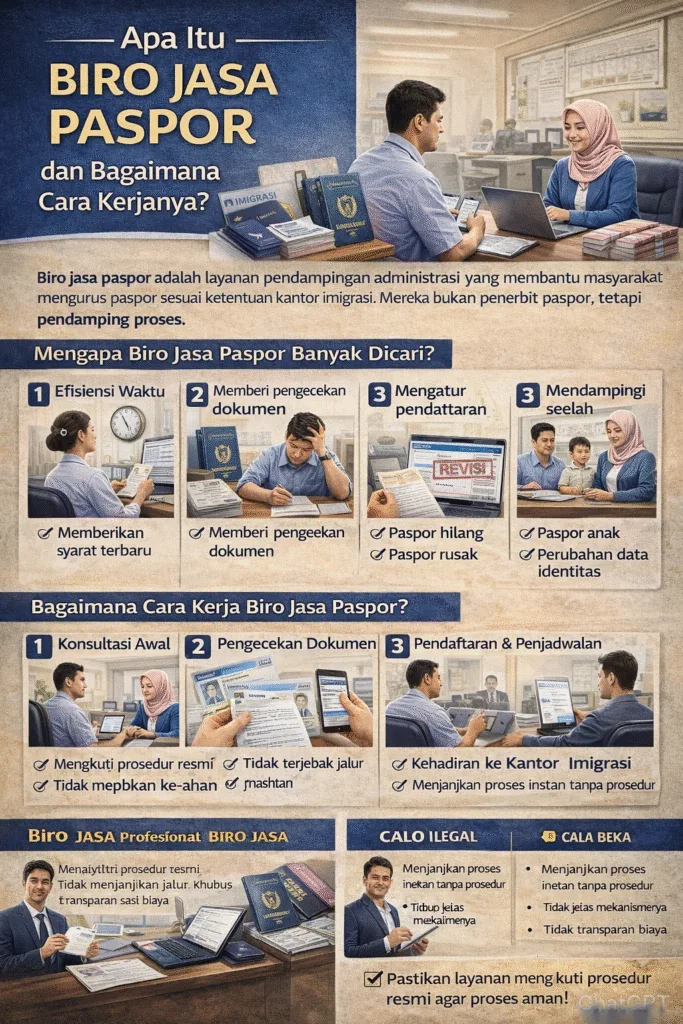 Infografis apa itu biro jasa paspor dan bagaimana cara kerjanya lengkap dengan tahapan konsultasi, pengecekan dokumen, pendaftaran, serta perbedaan biro jasa profesional dan calo ilegal.