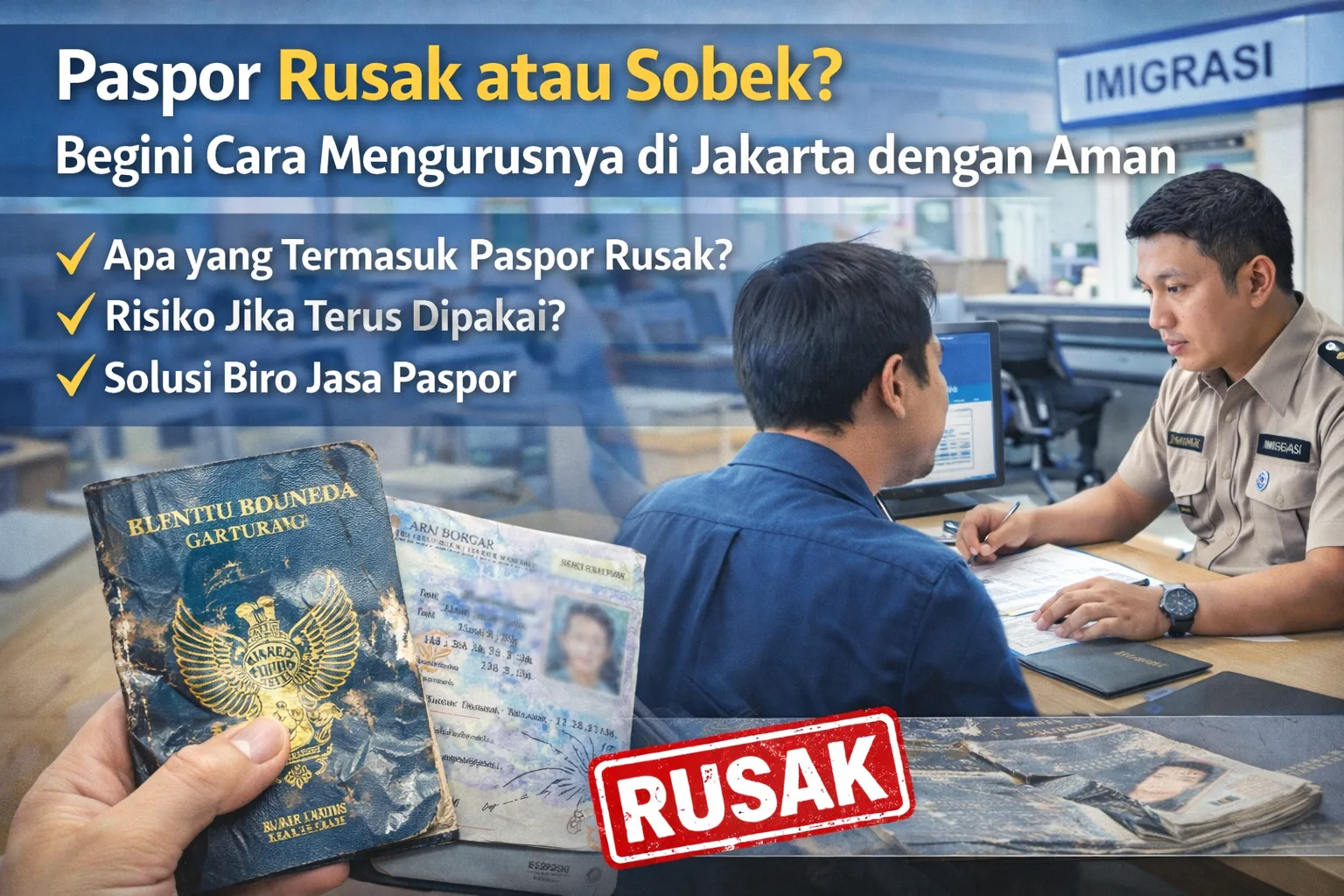 Proses penggantian paspor rusak di Jakarta dengan petugas imigrasi dan dokumen lengkap