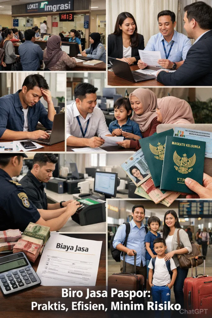 Ilustrasi alasan banyak orang memilih biro jasa paspor daripada mengurus sendiri, menampilkan antrean imigrasi, konsultasi dokumen, proses biometrik, serta keluarga siap bepergian di bandara.