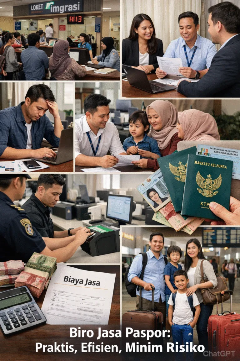 Ilustrasi alasan banyak orang memilih biro jasa paspor daripada mengurus sendiri, menampilkan antrean imigrasi, konsultasi dokumen, proses biometrik, serta keluarga siap bepergian di bandara.
