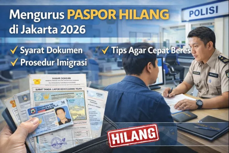 Panduan visual cara mengurus paspor hilang di Jakarta 2026 dengan syarat dokumen dan prosedur imigrasi.
