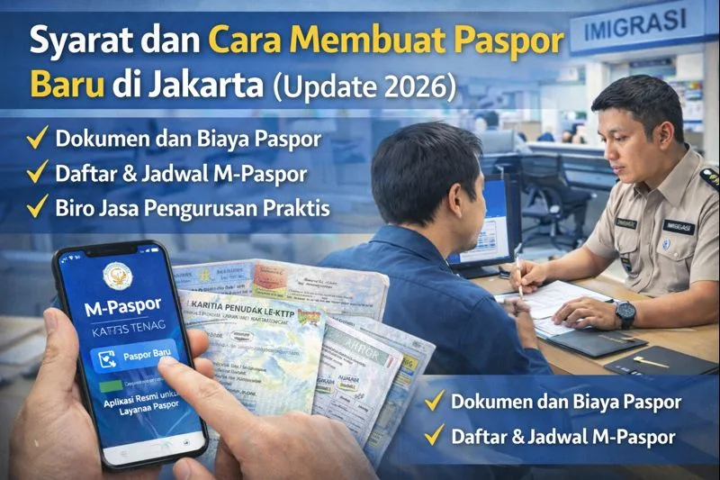 Syarat dan cara membuat paspor baru di Jakarta 2026, pemohon mengurus paspor di kantor imigrasi menggunakan aplikasi M-Paspor dengan dokumen KTP dan paspor