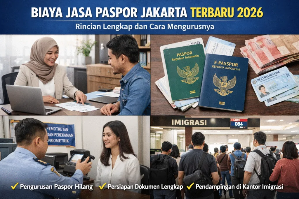Biaya jasa paspor Jakarta terbaru 2026 dengan ilustrasi proses pengurusan paspor, dokumen persyaratan, dan pelayanan di kantor imigrasi.