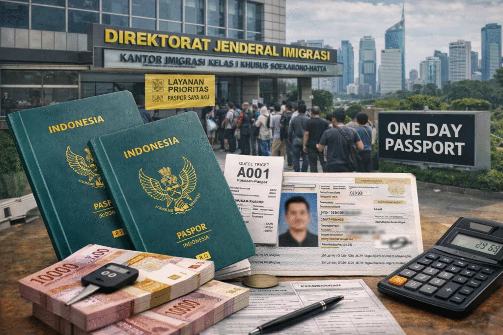 Tumpukan dokumen persyaratan seperti KTP, KK, dan akta kelahiran di atas meja imigrasi sebagai langkah awal dalam panduan cara membuat paspor cepat satu hari jadi.