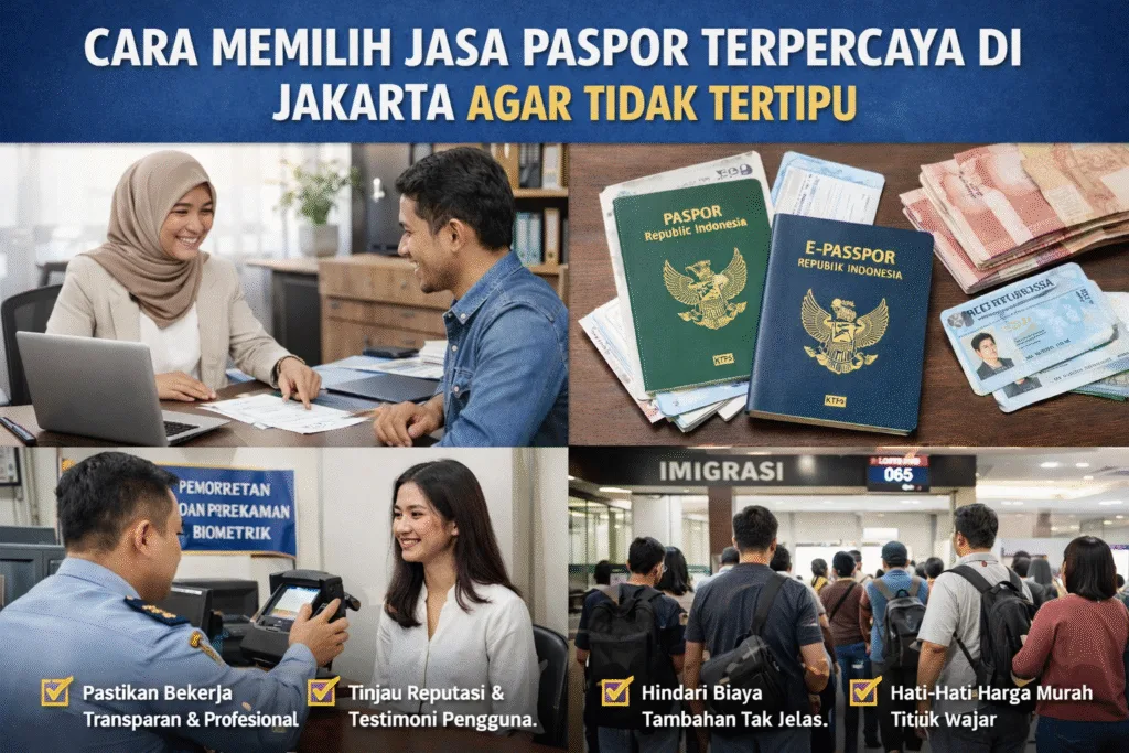 Gambar panduan memilih jasa paspor terpercaya di Jakarta agar tidak tertipu saat mengurus paspor.