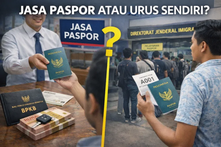 Gambar yang menampilkan perbandingan visual antara tumpukan formulir manual untuk urus paspor sendiri yang membingungkan dan petugas konsultan jasa paspor profesional yang sedang membantu pemohon di kantor imigrasi Jakarta.
