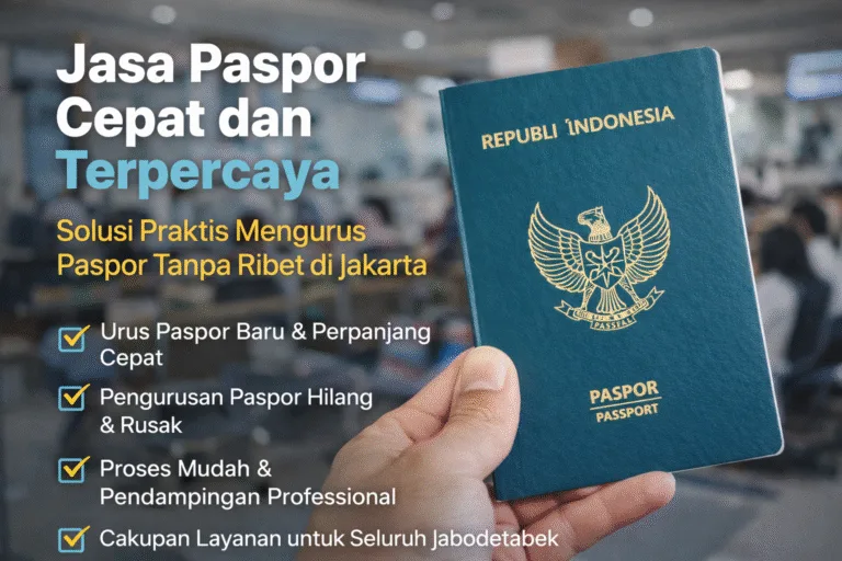 Ilustrasi layanan jasa paspor cepat dan terpercaya di Jakarta dengan proses konsultasi dokumen, pengurusan paspor Indonesia, serta pendampingan di kantor imigrasi.