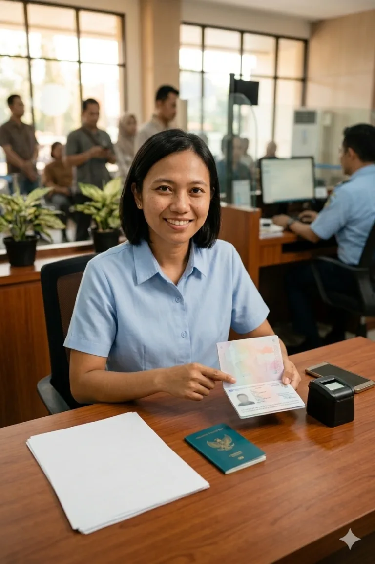 Seorang wanita petugas imigrasi berambut pendek mengenakan kemeja biru sedang tersenyum ramah sambil menunjukkan paspor elektronik yang terbuka kepada pemohon di meja pelayanan Kantor Imigrasi, memberikan ilustrasi yang relevan untuk informasi mengenai biaya perpanjang paspor. Di atas meja terlihat paspor hijau Indonesia yang tertutup, tumpukan formulir dokumen putih, dan alat pemindai biometrik sidik jari. Di latar belakang yang buram tampak suasana antrean dan petugas imigrasi lain.