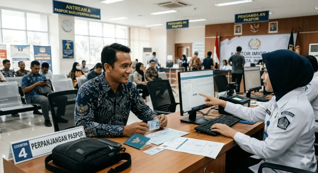 Ilustrasi persyaratan perpanjang paspor 2026 yang lengkap, menampilkan petugas imigrasi yang sedang memverifikasi paspor e-paspor dan dokumen pemohon di meja layanan Kantor Imigrasi