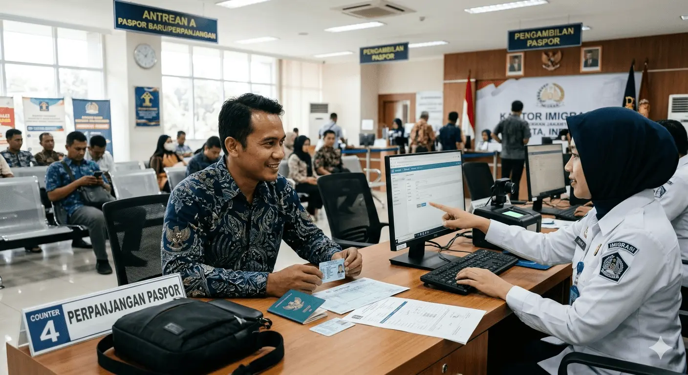 Ilustrasi persyaratan perpanjang paspor 2027 yang lengkap, menampilkan petugas imigrasi yang sedang memverifikasi paspor e-paspor dan dokumen pemohon di meja layanan Kantor Imigrasi