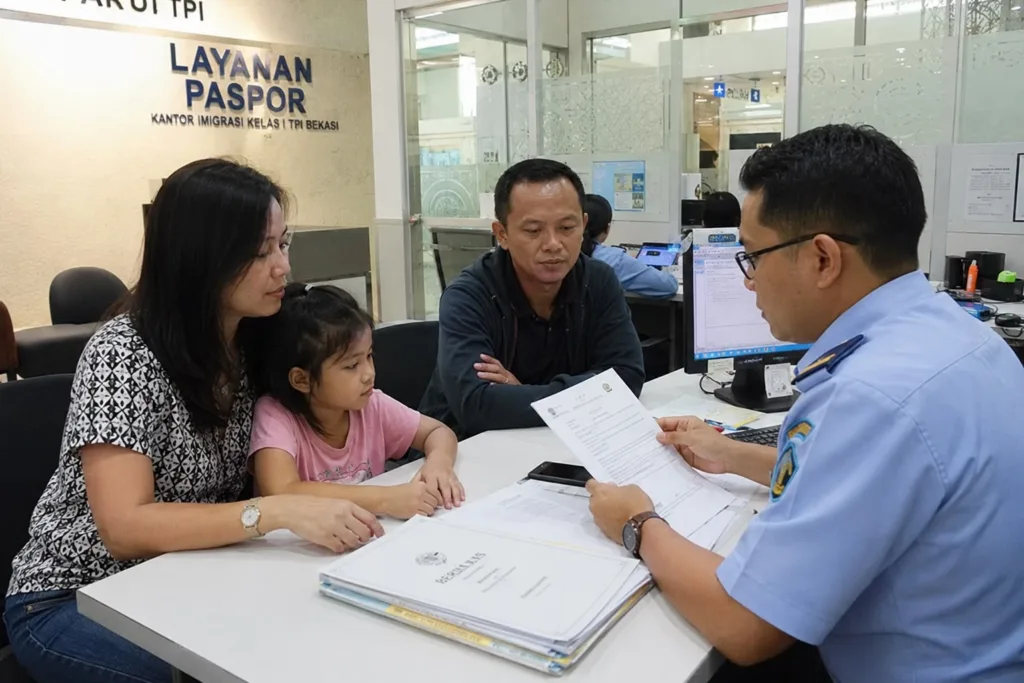orang tua mendampingi anak mengurus paspor di kantor imigrasi