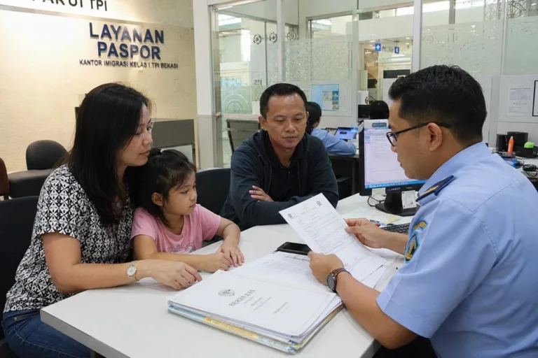 orang tua mendampingi anak mengurus paspor di kantor imigrasi